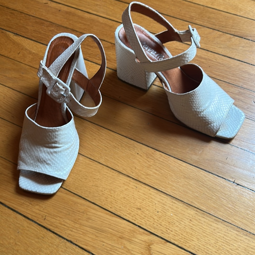 White heeled sandals with fake reptile skin leather